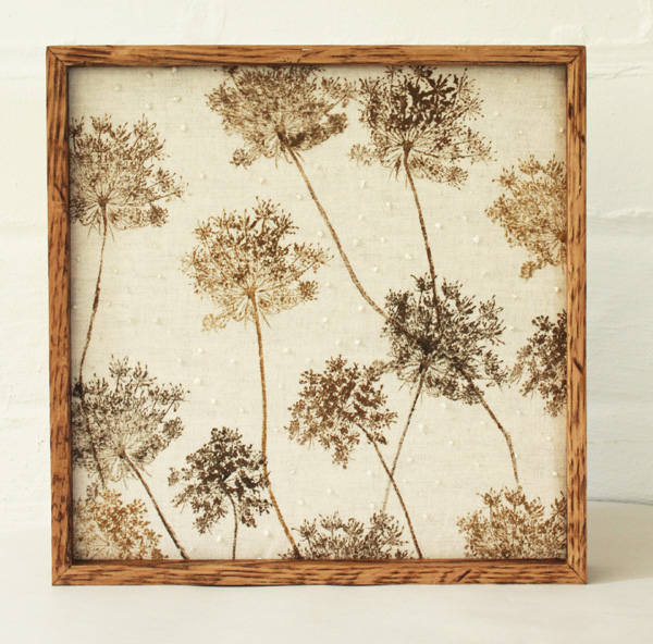 Gone to Seed, 2010, 9" x 9". leaf printed linen, hand stitched, reclaimed wood frame, photo: Lotta Helleberg