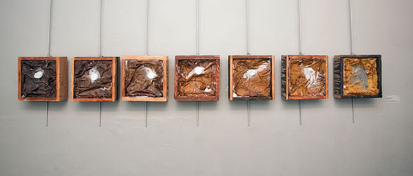 Inelegant Degeneration: And Then There Was None, 2009 28 H x 250 W x 12 D cm materials: cotton, found wood, candles, wax, pigments technique: encaustics, deconstructed screen-printing, photo: Cliff Hollis