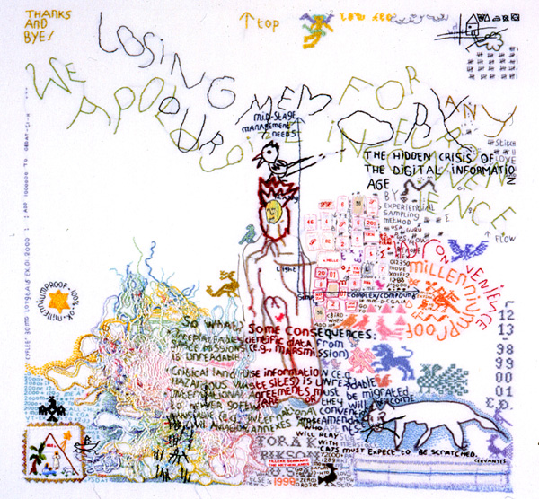 Losing our memory, hand embroidery on fine linen (50 count, evenweave) with a variety of fine threads (cotton, silk, rayon, polyester, metal). 65 x 64 cm. Photo: Rob Mostert.