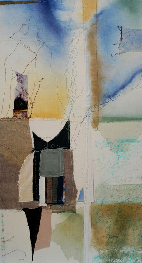 Mapping Lucidity, 46"h x 24"w x 1.5"d, Fabric Assemblage: dye painted & screen-printed canvas, linen, reclaimed fabric (pieced & assembled, stretched & primed) hand & machine embroidery, fabric & thread collage