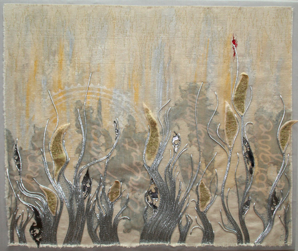 Meditations of All our Hearts, 2010, 20" (h) x 24" (w) Materials: Hand painted linen; Commercial textiles; Acrylic textile paint; Transfer foiled Felt; Pewter; Various threads and metallic cord; Mounted on fabric wrapped wooden frame, Techniques: Collage; Hand painting of linen (textile paints); Free motion embroidery; Discharge; Block printing; Sheer overlay; Couching; Manipulation with heat (blowtorch)
 
Artist Statement:
Hope. Peace. Comfort. Transform. Forgive. These are things for which we lift our hearts, declaring our dreams, taking risks in faith. We all live for a better outcome in life. At times we experience pain. Other times we feel heard. This piece is an introspective commentary - our private, most inner thoughts are given voice, if even only within our own hearing. And somehow this gives us strength in the journey.