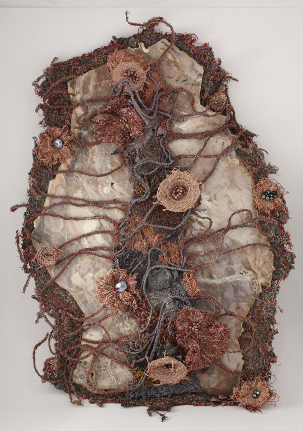 Petrified Wood, free motion embroidery textures inspired by and stitched on petrified wood, 8" x 12