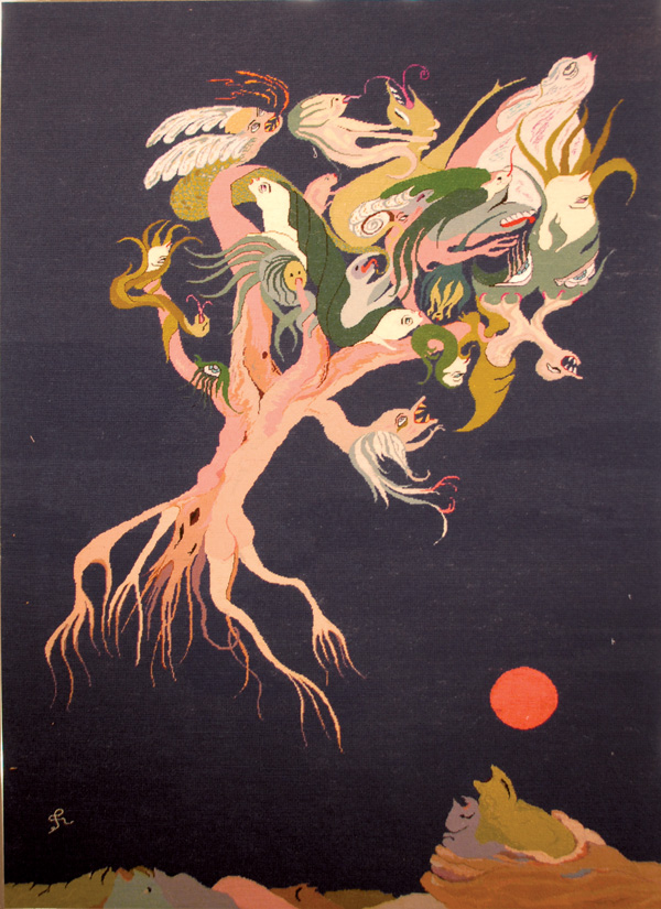 Uprooted, 46" in H x 33 in W, 1979. Wool, cotton and silk threads on needlepoint canvas. Photo: Abar Color Labs.