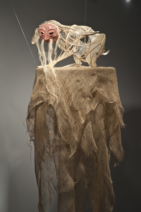 Nagual (by night I am the giant hare), 2010, 30" x 60" x 18", materials: hog gut, reed, resin, silicone, flax, wax, burlap, wood, buttons, techniques: casting