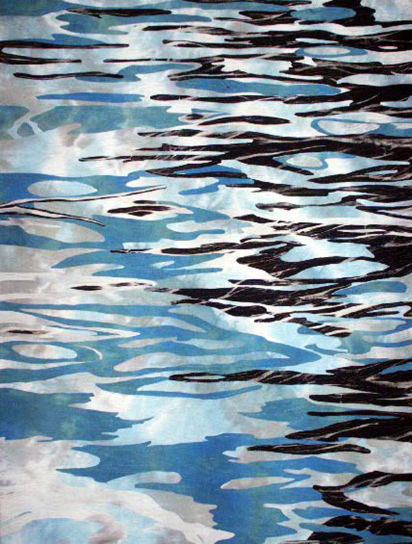 Reflections, Brushy Creek, Kansas, var. 7, Hand-dyed, over-dyed, collaged, fused, free motion machine stitched, 2004, 35 x 46.5