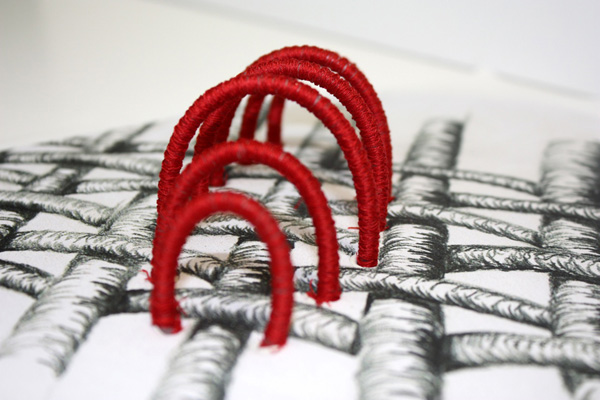 Working models – exploring the relationship between cloth and stitch, photocopied drawing, polythene tubing, rayon threads