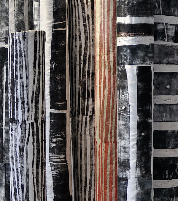 Stripped Shafts (Detail), woodblock printed silk covered columns, average height: 65 inches, 2010