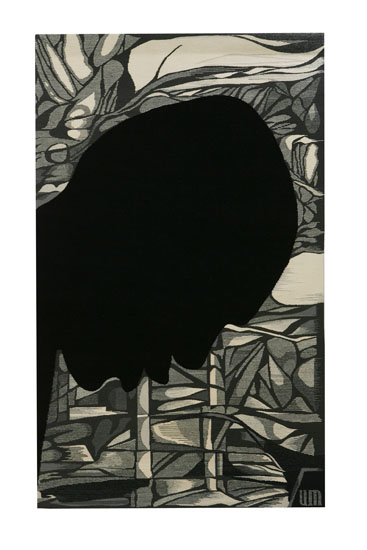 Sans-papiers, 84 cms w X 140 cms h, wool on flax, woven tapestry.