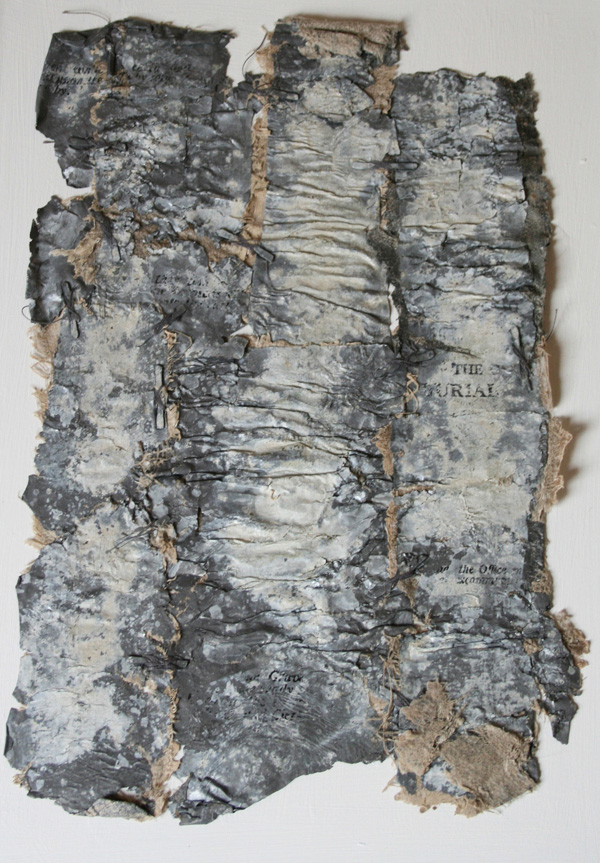 Untitled, 60cm x 40cm, lead, linen, wax, paint, print, stitch.