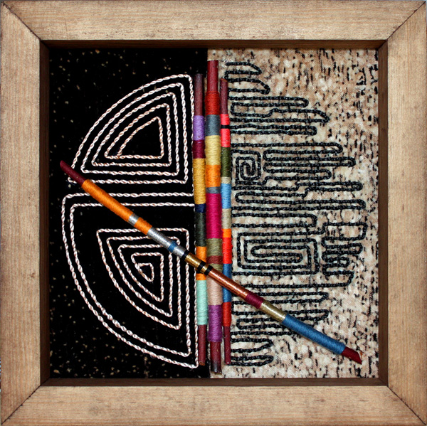 Untitled, 2011, 8" x 8" discharge, embroidery, branches, yarn, photo: Milena Radeva.