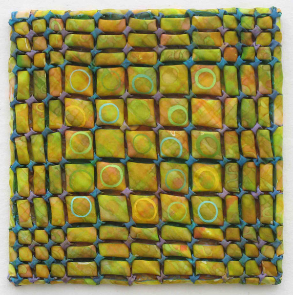 Overshot Variation II, 06/2011, 30x30x2 cm, 100% silk, Fibre reactive Smocked hand painted silk, dyes, gutta resist, photo: B Hilts.