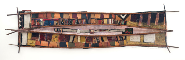 Channel, Copper, willow branch, copper wire, acrylic on canvas, textiles, 18" X 50", 2012, Photo credit: Mark Vander Vennen