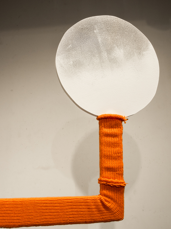 Bent out of shape, the failed search for meaning (Detail), Wood, machine knitted synthetic yarn, paint, Left work: 80 inches high, 22 wide x 30 deep. Right work: 86 inches high, 41 wide x 8 deep, 2013. Photo: Andrew MacDonald.