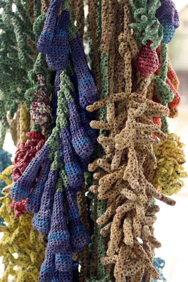 Flora Plastica (detail), crocheted plastic bags, steel support & cable, installation: Schack Art Center, Everett, WA, photo: Ken Rowe