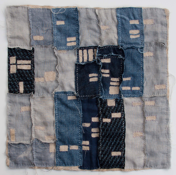 Atlanta Foreclosure Quilt, 19 ½"w x 19 ½"h, Recycled denim, bleached linen, cheesecloth, yarn and embroidery thread, Hand sewn quilt, Photo: Kathryn Clark