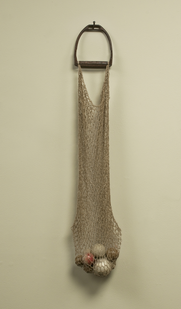 Installation Sacks 2, detail linen sack, 2011, 79.75" x 68" x 6.5", Silk, jute, monofilament, linen, wood, paint, iron. Technique crochet. Photo: John Carlano.