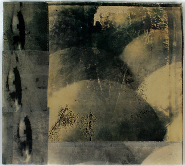 Fragment XIII, 25 x 23 inches, Hand dyed fabric, van dyke print, embellished with French knots, machine pieced, stiffened and waxed. Photo: Mark Frey.