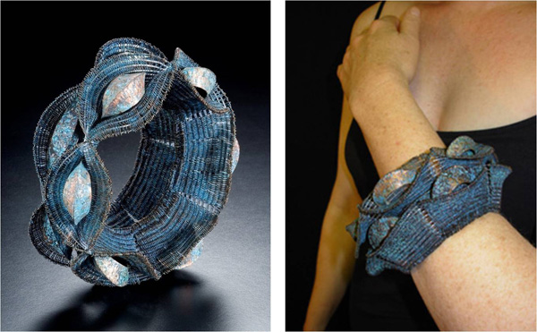 Angle Up Close, 2006. Copper and nylon monofilament. Double-cloth on 4 harness floor loom. Fold-formed, forged copper. 4 ½" x 4 ½" x 2"

This bracelet demonstrates the seamless continuity of a circle. The universal circle offers protection and perfection, while representing oneness and dynamic balance