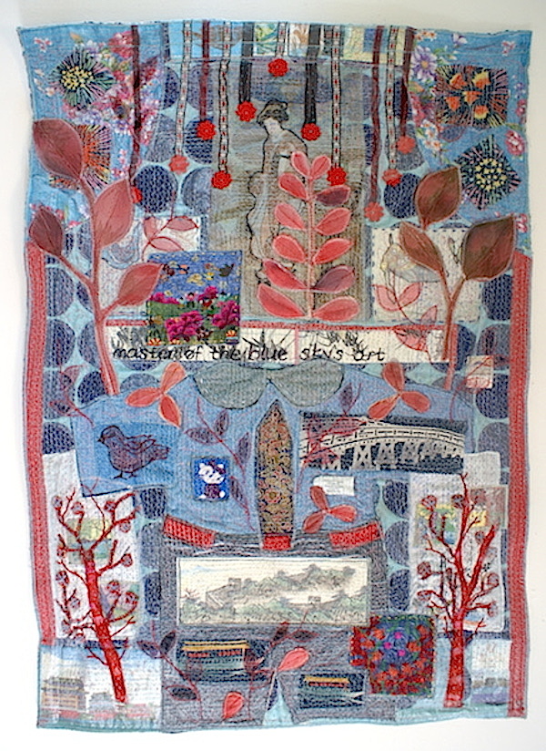 Blue Sky, found and vintage fabric, ribbon, lace, image transfer, hand and machine stitch, 2013, 90 x 80 cm, sewn textile collage. Photo: Anne Kelly
