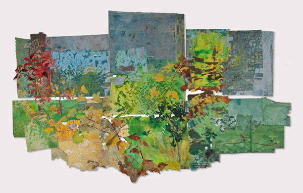 Fragments of Eden V, 10'-6"X6', painted and printed deconstructed repurposed clothing and linens, stitched resist painted deconstructed clothing, vintage fabrics, commercial fabrics, machine stitching. Photo: Susan Byrne Photography.