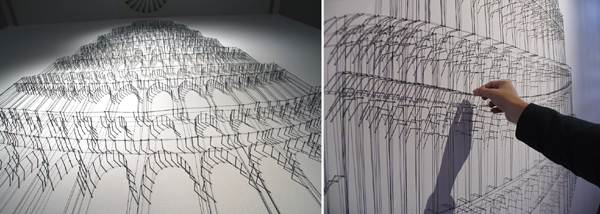Detail: The Day We Stopped Talking to Each Other, 2006 wall installation, black elastic thread and finishing nails (8' x 4')