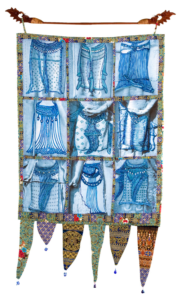 Aspara 2, 25W x 36H, fibre, textiles I collected in the region and cloth I created. Fibre techniques are drawing, painting, machine and hand sewing