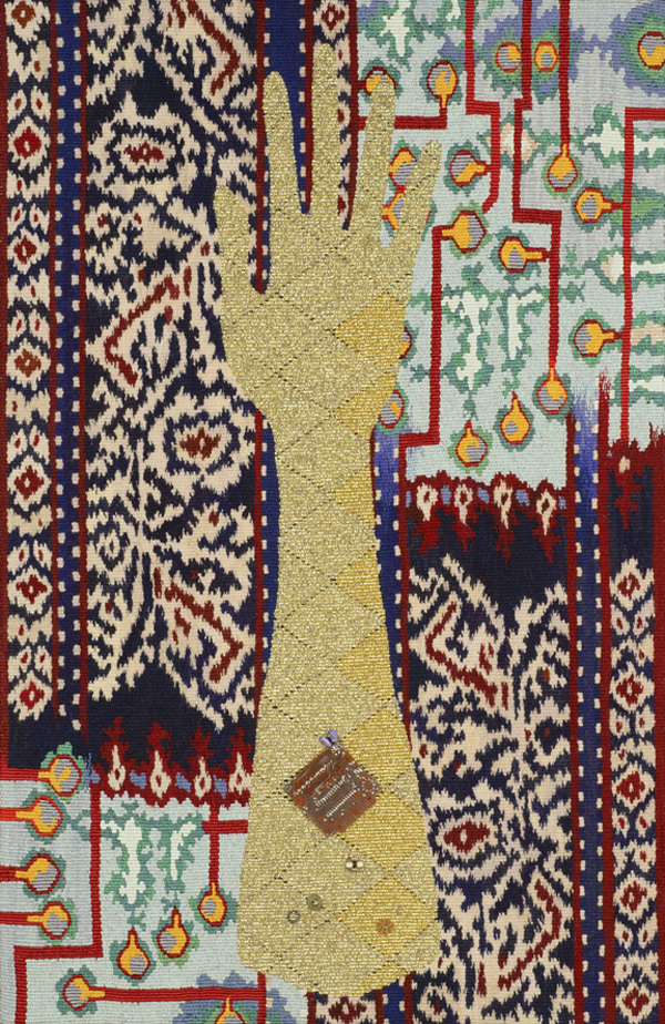 Future Reliquary Series – Ikat Algorithm, 2008, 37" x 24" (94cm x61cm), linen warp. wool, and rayon weft, computer parts, woven tapestry, photo by Ted Clark.