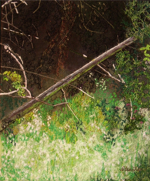  
Forest Glade #2, 15" x 12" framed, "pabric" (paper & silk), acrylic paint, knitted yarns, black tulle, hand & machine stitching.