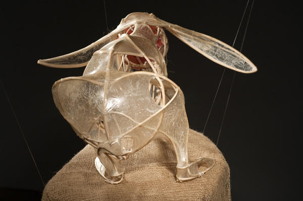 Detail: nagual (by night I am the giant hare), 2010, 30" x 60" x 18", materials: hog gut, reed, resin, silicone, flax, wax, burlap, wood, buttons, techniques: casting