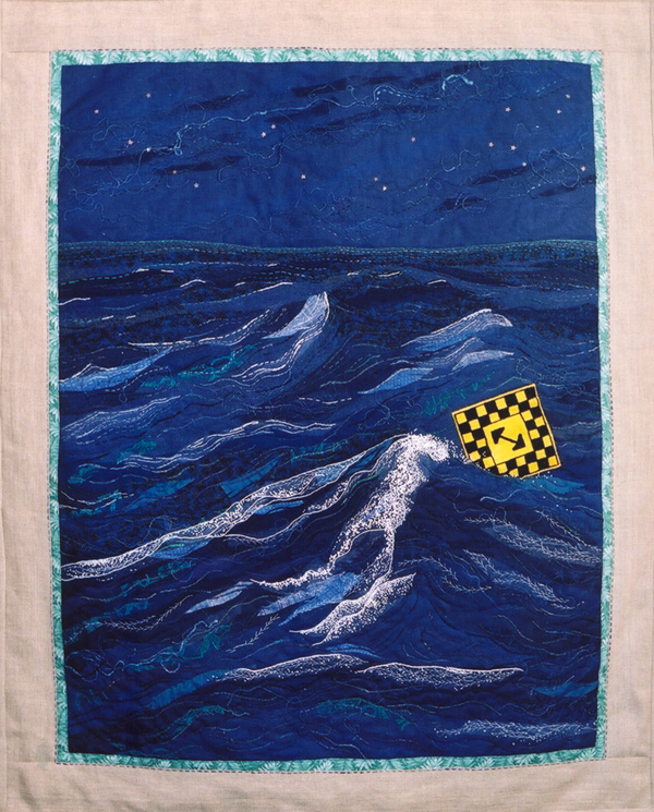 Road Signs: Hazard, 2003, 79cm w x 100cm h, Hand embroidery, appliqué, fabric collage.