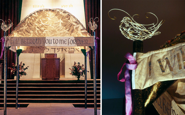 Wedding Canopy for Shaarei Shomayim Congregation, Toronto ON, cotton, silk and wool on bronze polyester scrim; appliqué, collaboration with David Hunt (metal artist), Ken Dubblestyne (bird sculptures) and Mark Dougherty (lighting), 244 x 244 x 350 cm (96 x 96 x 138 in), photos: Paul Kay. Designed to be used either in the midst of the congregation or on the bimah [chancel], this bronze and gold dome-shaped chuppah [wedding canopy] becomes a semi-transparent sky hovering above the marriage ceremony. A complex network of stars emerge from the light of God's blessing. "The text, 'I will betroth you to me forever', is repeated inside and outside the chuppah in all four directions. Four sculptured birds celebrate.