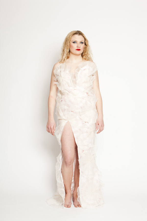 Target Front, Media: Suit Weight Silk with Permantent Marker Hand Writing, Pleated Silk Organza, Cotton Thread Embroidery, Thread, Zipper, 2011, Photography: Christine Lim