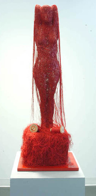 Threadbare: 29"x7"x7", Abaca, silk thread, acrylic rods, enamel paint, wood, thread spools