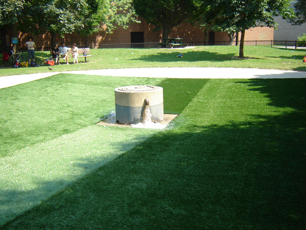 True Reflection, site specific sculpture installation, part of 'Wade', Toronto, 2006, curated by Christie Pearson + Sandra Rechico, SuperGrass™ was installed in the cement wading pool and then the pool filled with water. With the artificial turf the pool became an alluring oasis. The use of materials commented on how the experience of the wading pool relies on manufactured rather than natural elements to recall nature and create the sensual and alluring experience of a lake on a summer day.