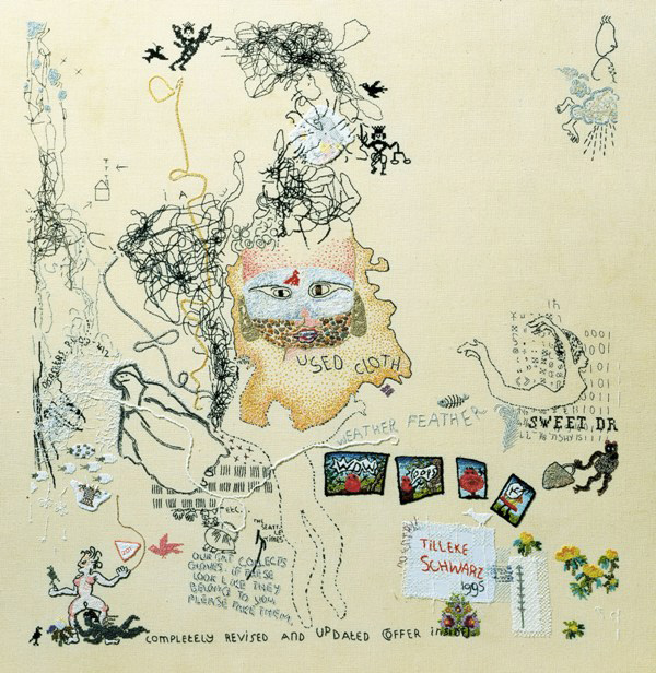 Used cloth, hand embroidery on fine linen (50 count, evenweave) with a variety of fine threads (cotton, silk, rayon, polyester, metal).75 x 70 cm. Photo: Rob Mostert.