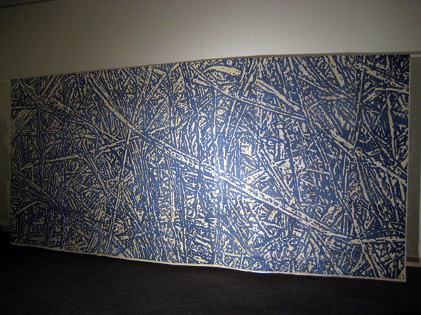 In a Different Light, buckram, pigment, incense, screen-printing, incense burning, 186" (w) x 86"(h) x 24" (d) photo: Xia Gao, Spaces Gallery, Cleveland, Ohio.