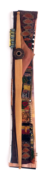 Bow of Ash, Hand-carved primitive bow, copper, acrylic on canvas, textiles, 14" X 50", 2012, Photo credit: Mark Vander Venne