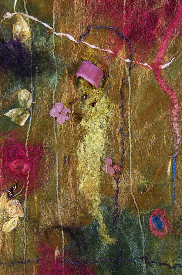 Journaling the Vines (Detail), 2010, 36 H x 22W x 3 D inches, Merino wool, throwsters waste silk, silk roving, cricula silk yarn, throwster's waste, alpaca fibre, wrapped Tsumugi silk yarn, synthetic yarn, knitted synthetic yarn, embedded organics – birch bark, grape vine tendrils, hydrangea flowers, cricula cocoons and appended African porcupine quill. Technique: handmade felt – wet felting. photo: Shawna Eberle