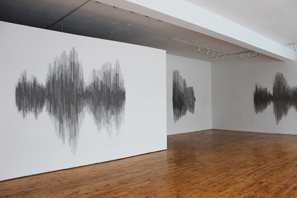Hesitations, Artspace Contemporary Art Projects, Peterborough, ON. Thread and painted nails on drywall; soundscape, 2010/2012, 108" H x 612" W x 1 ½" D, thread construction. Photo: Fynn Leitch.