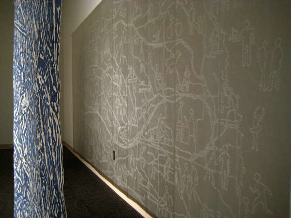 In a Different Light, buckram, pigment, incense, screen-printing, incense burning, 186" (w) x 86"(h) x 24" (d) photo: Xia Gao, Spaces Gallery, Cleveland, Ohio.