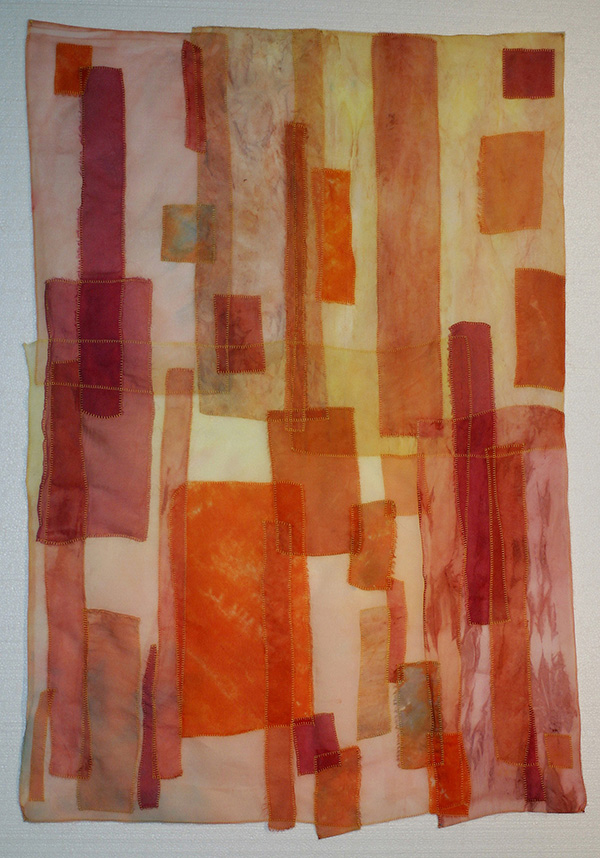 Exuberance III, 35 x 53 framed, Hand painted sheer silk, raw edge appliqué by machine, machine stitched edge. Currently in U.S. Embassy, in the Congo. Photo: Jay Malo