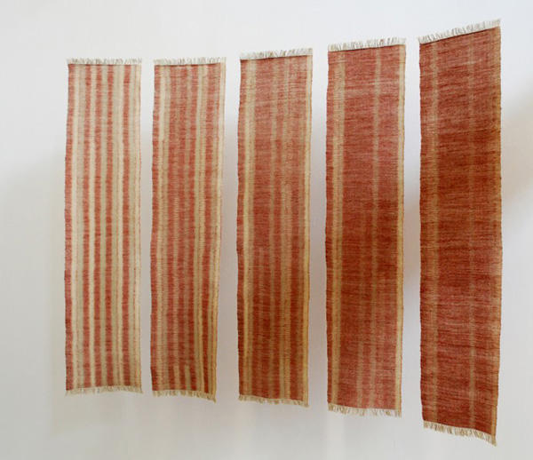 Recollect 1, five panels each 125 H x 40 cm W, linen, plant dyes, kasuri weaving. Photo: M Kelly-Frère.