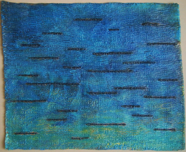 The Message, 2012, Handwoven copper wire in undulating twill with supplemental weft, embroidery and wax. 32 cm h by 40 cm w x 1 d.