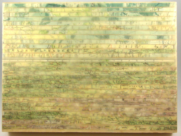 Slice Of Tibett, 2011, 23 H x 31 W x 4 D cm, Maps and Encaustic Wax