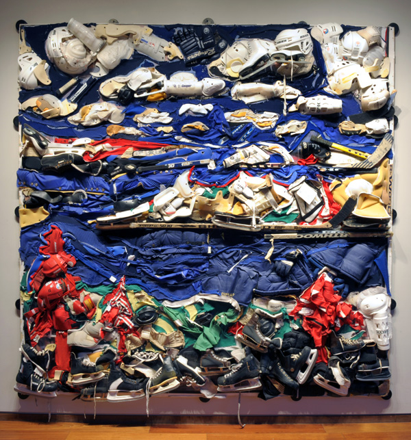 Apple Island, tiled digital printout and hockey gear on plywood, 96" x 96", 2006
