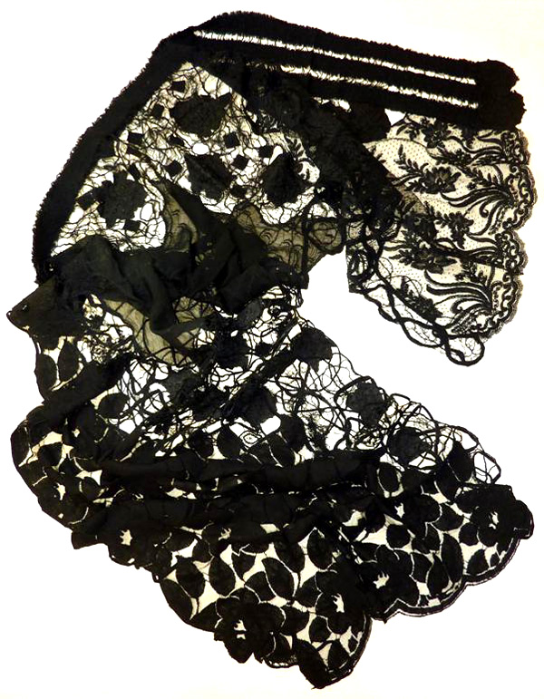 Black Lace Wrap, materials: assorted fabrics, laces, leather, suede, yarns and threads; techniques: thread-web, freemotion embroidery