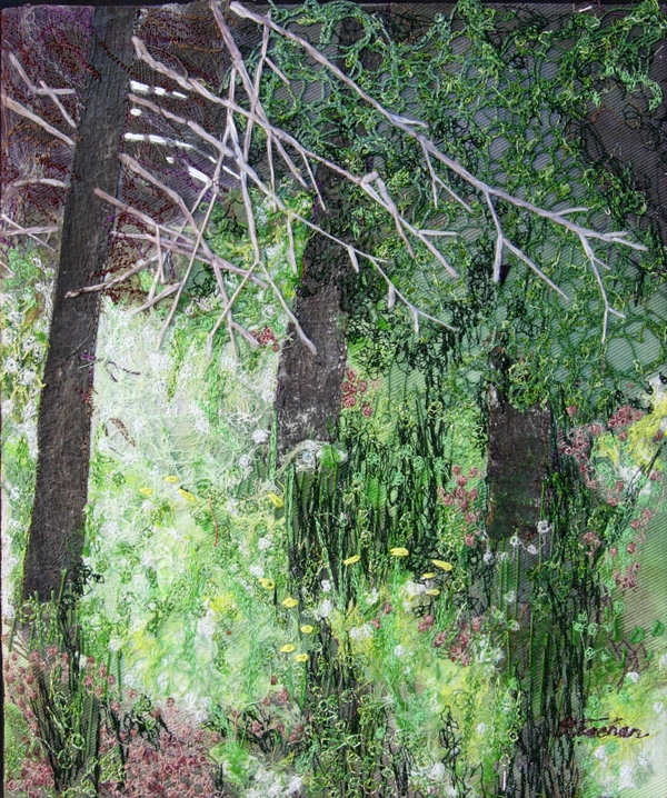 Forest Glade #3, 15" x 12" framed, "pabric" (paper & silk), paint, knitted yarns, hand & machine stitching.
