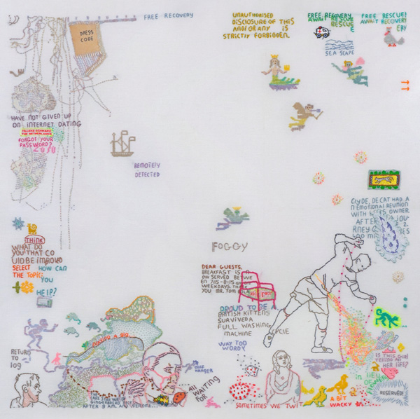 Free Recovery., hand embroidery on fine linen (50 count, evenweave) with a variety of fine threads (cotton, silk, rayon, polyester, metal). 68 x 66 cm. Photo: Rob Mostert.