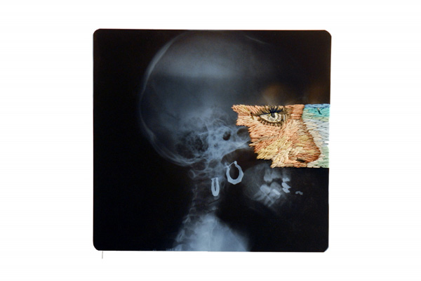 Lashes and Earrings, 10 x 10 1/2", 2008, Hand-embroidered x-ray.