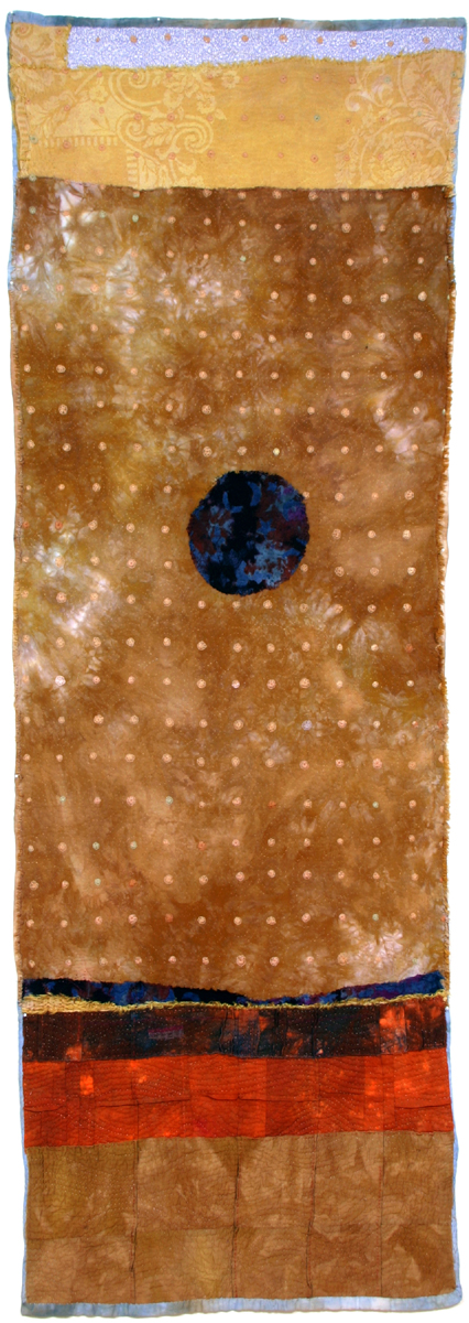 Memory of Wikwemikong. Linen thread, hand dyed rayon and linen fabrics, embroidered quilt. 30wide x 70" high 2008. photo Sarah Warburton. Included in World of Threads Festival 2009.